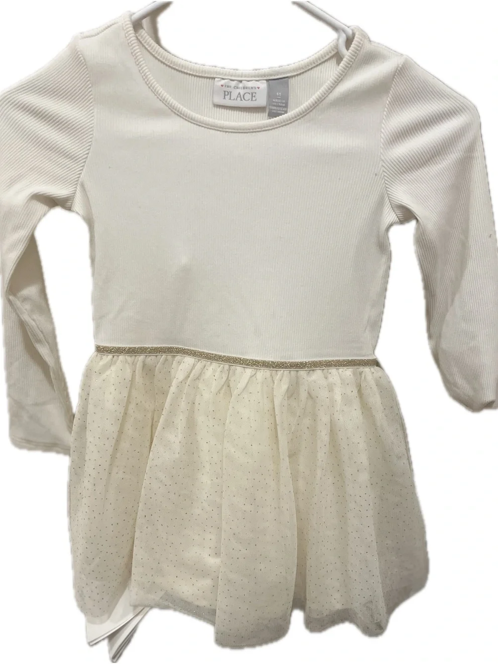 The Children's Place Cream Long-Sleeve Tulle Dress with Gold Trim